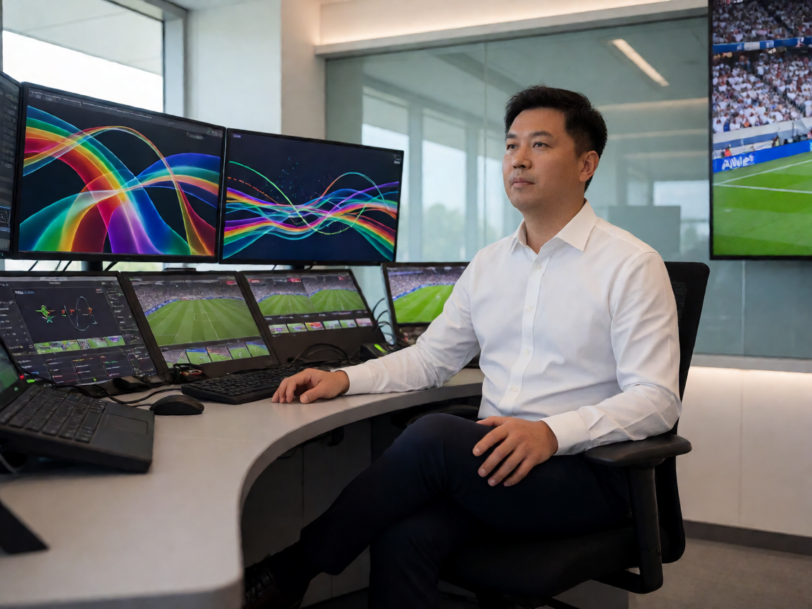体育赛事直播导播间工作人员监控多路直播信号的画面